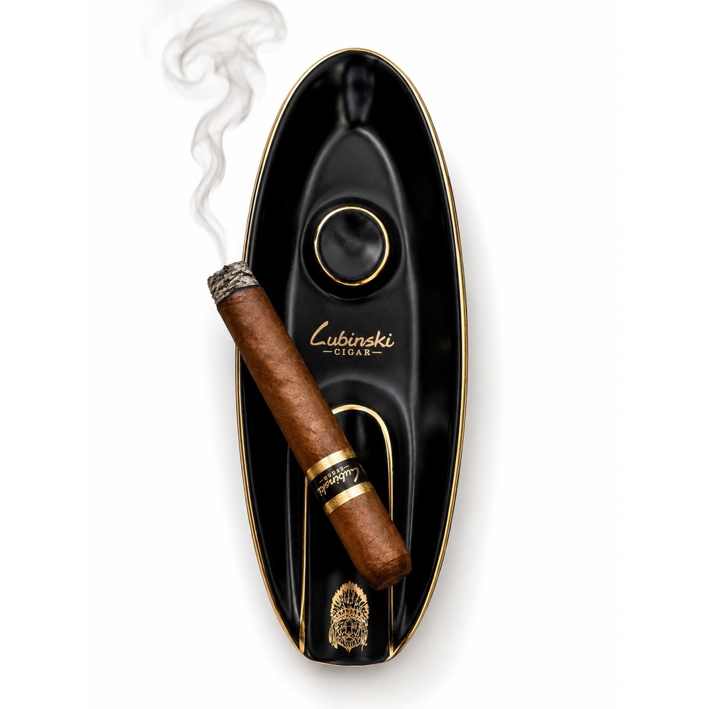 LUBINSKI Cigar Ashtray Matte Black Ceramic Gold Trim Lion Head Single Slot Oval